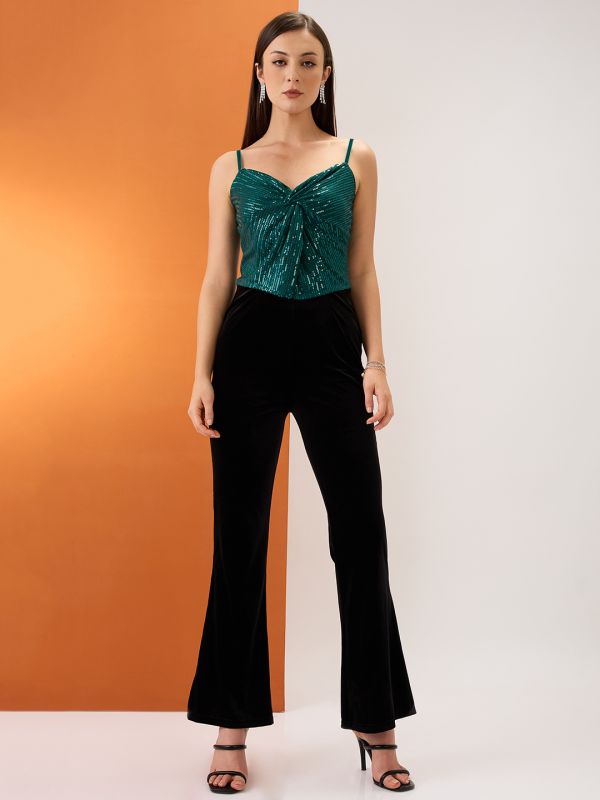 Globus Women Green Sweetheart Neck Shoulder Straps Twisted Detail Sequinned Party Top