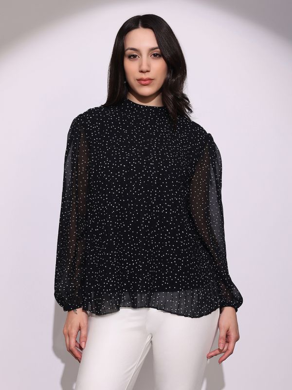 Globus Women Black Abstract Print High Neck Bishop Sleeves Back Tie-Up Detail Accordion Pleats Party Top