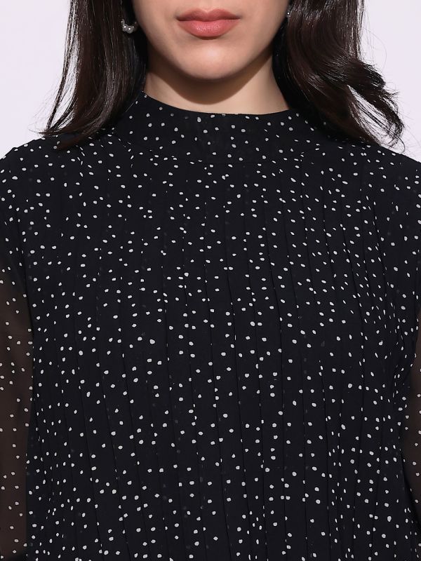 Globus Women Black Abstract Print High Neck Bishop Sleeves Back Tie-Up Detail Accordion Pleats Party Top