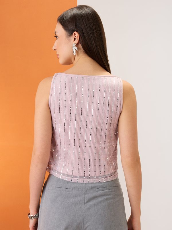 Globus Women Pink Cowl Neck Metal Shoulder Strap Sequinned Party Top