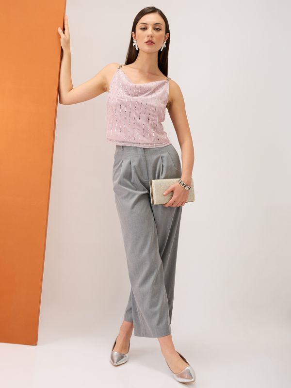 Globus Women Pink Cowl Neck Metal Shoulder Strap Sequinned Party Top