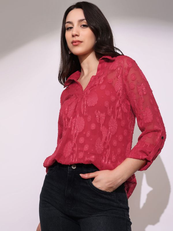 Globus Women Red Collared V-Neck Long Roll-Up Sleeves Floral Self Design Casual Top