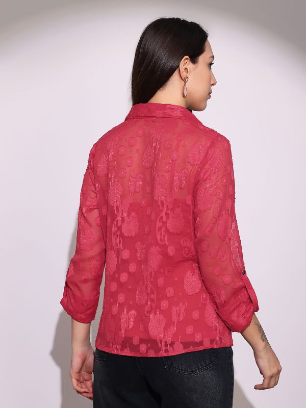 Globus Women Red Collared V-Neck Long Roll-Up Sleeves Floral Self Design Casual Top