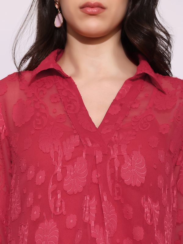 Globus Women Red Collared V-Neck Long Roll-Up Sleeves Floral Self Design Casual Top