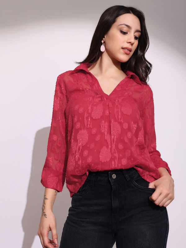 Globus Women Red Collared V-Neck Long Roll-Up Sleeves Floral Self Design Casual Top