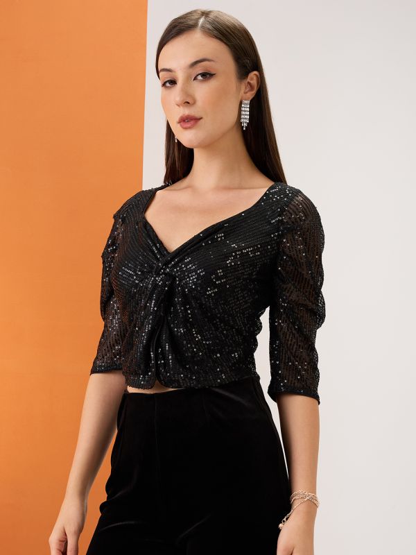 Globus Women Black Sweetheart Neck Ruched Sleeves Twisted Detail Sequinned Party Crop Top