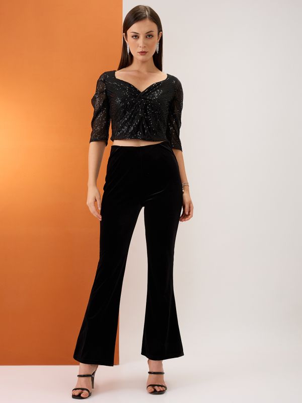 Globus Women Black Sweetheart Neck Ruched Sleeves Twisted Detail Sequinned Party Crop Top