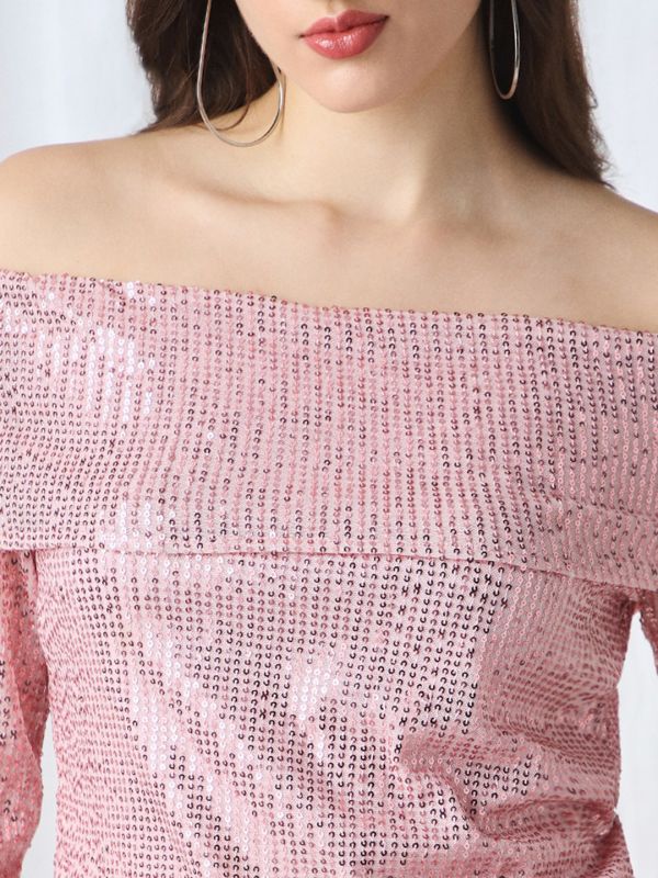 Globus Women Pink Off Shoulder Long Sleeves Embellished Party Top