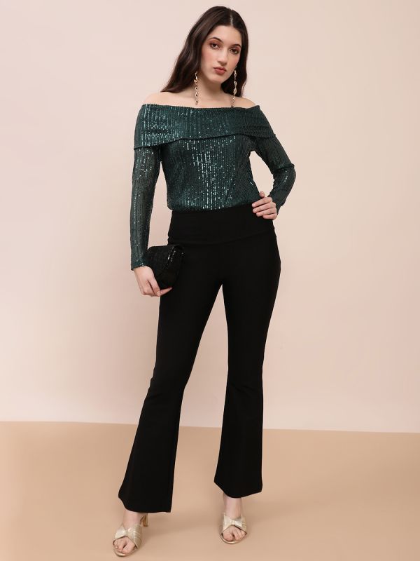Globus Women Green Off Shoulder Long Sleeves Sequinned Party Top