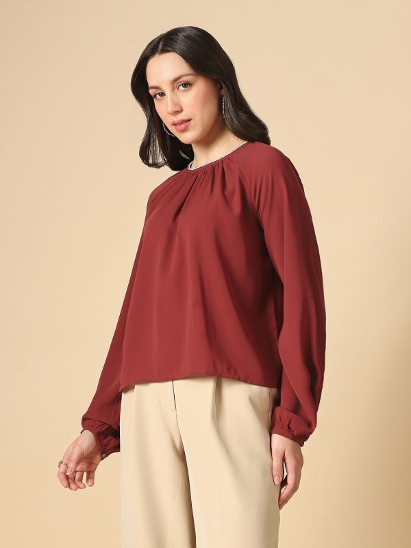 Globus Women Pink Embellished Jewel Neck Raglan Sleeves Pleated Georgette Party Top