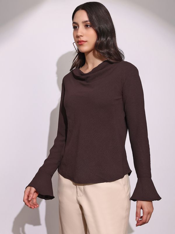 Globus Women Brown Cowl Neck Flared Sleeves Curved Hem Party Top