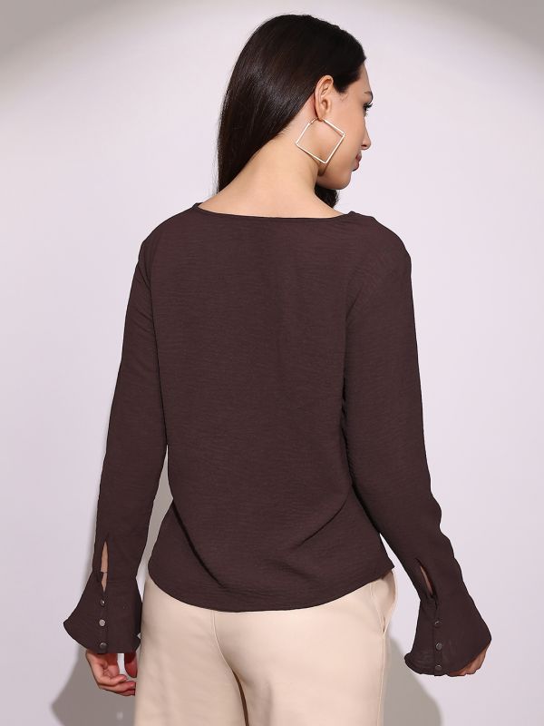 Globus Women Brown Cowl Neck Flared Sleeves Curved Hem Party Top