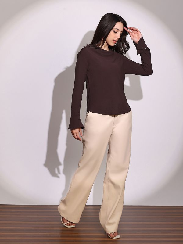 Globus Women Brown Cowl Neck Flared Sleeves Curved Hem Party Top