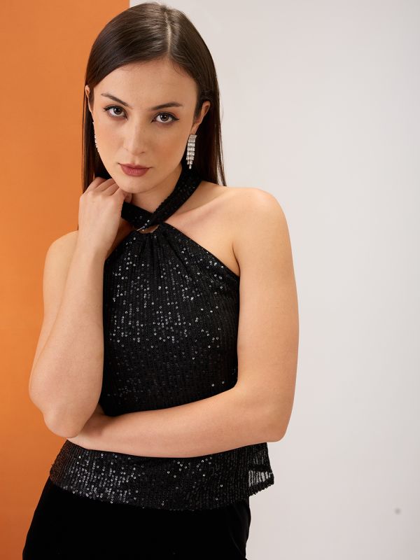 Globus Women Black Halter Neck Twisted Detail Sequinned Party Top