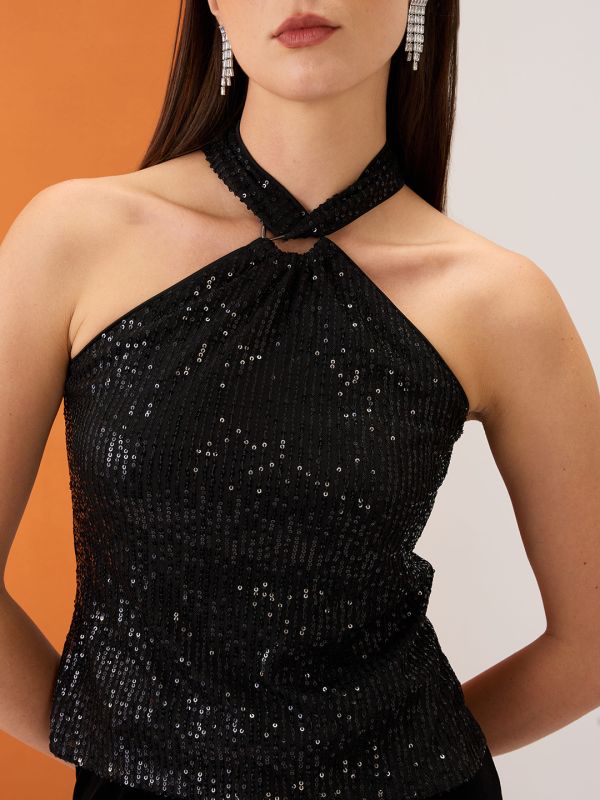 Globus Women Black Halter Neck Twisted Detail Sequinned Party Top