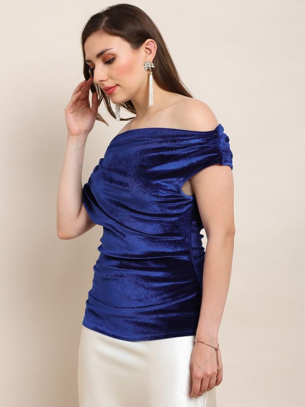 Globus Women Blue One Shoulder Gathered Detail Velvet Party Top