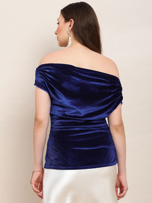 Globus Women Blue One Shoulder Gathered Detail Velvet Party Top