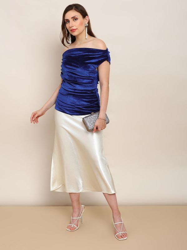 Globus Women Blue One Shoulder Gathered Detail Velvet Party Top