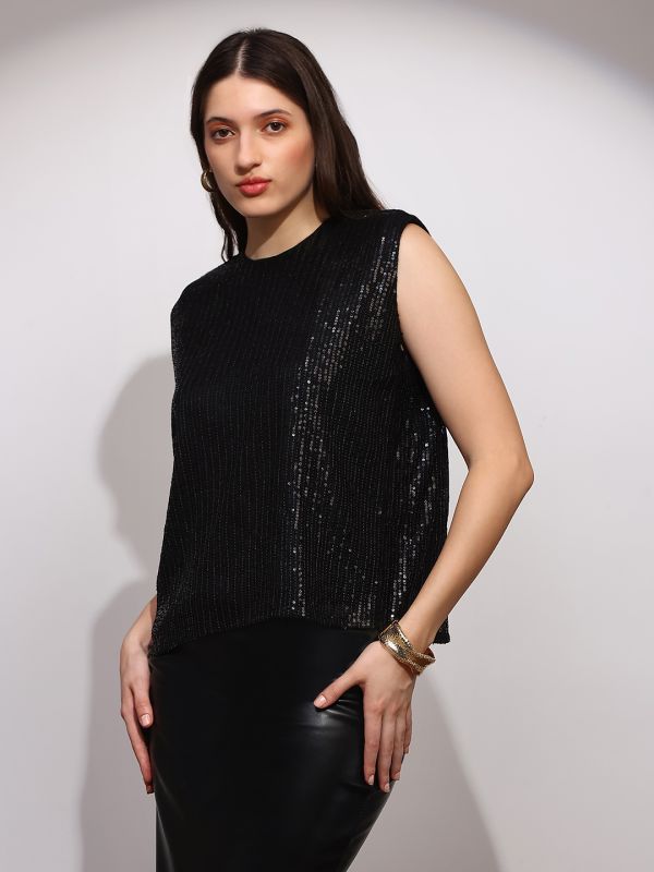 Globus Women Black Sequinned Embellished Round Neck Sleeveless Party Top