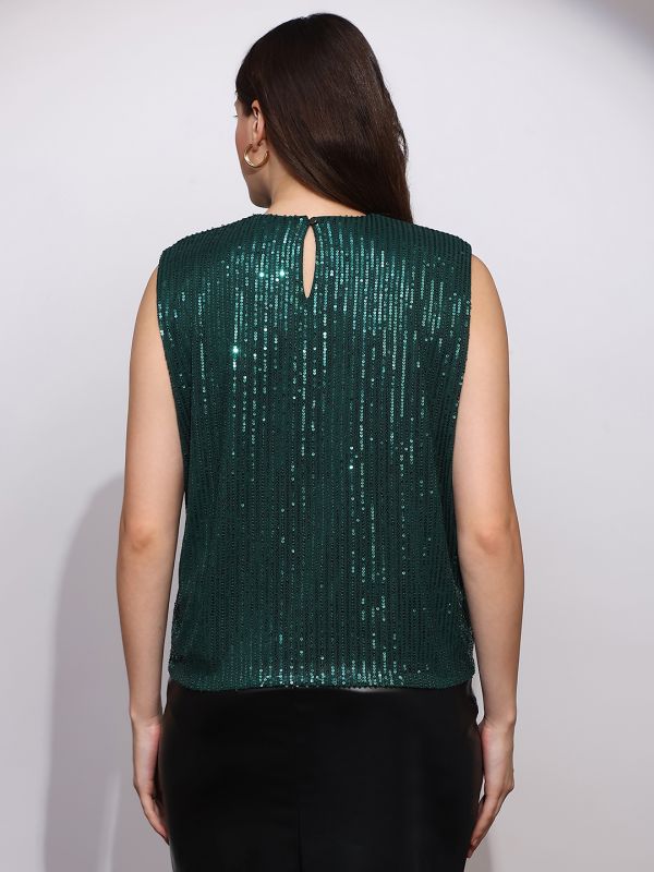 Globus Women Green Sequinned Embellished Round Neck Sleeveless Party Top