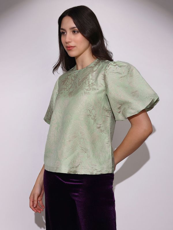Globus Women Green Round Neck Balloon Sleeves Floral Brocade Party Top