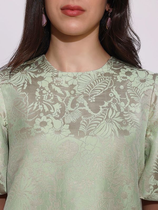 Globus Women Green Round Neck Balloon Sleeves Floral Brocade Party Top