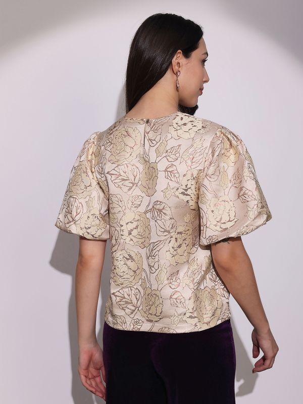 Globus Women Pink Round Neck Balloon Sleeves Floral Brocade Party Top
