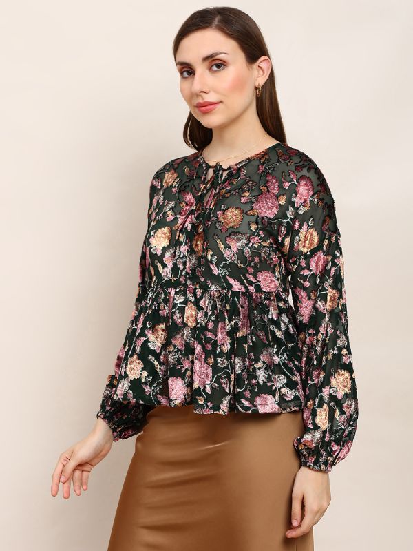 Globus Women Green Floral Self Design Tie-Up Neck Bishop Sleeves Peplum Party Top