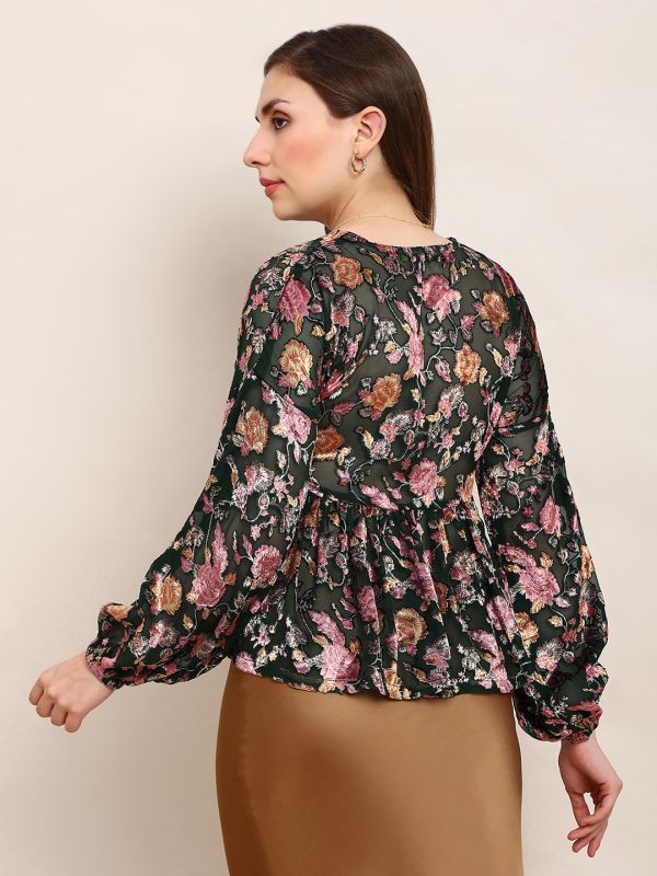 Globus Women Green Floral Self Design Tie-Up Neck Bishop Sleeves Peplum Party Top