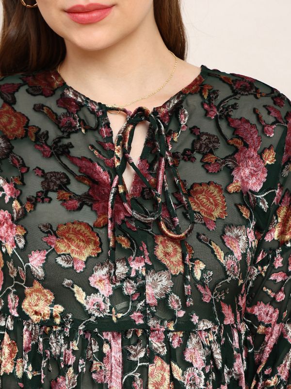 Globus Women Green Floral Self Design Tie-Up Neck Bishop Sleeves Peplum Party Top