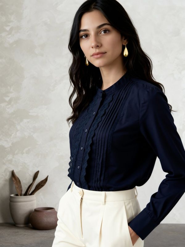 Globus Women Navy Blue Mandarin Collar Cuffed Sleeves Solid Lace Insert Pleated Detail Shirt