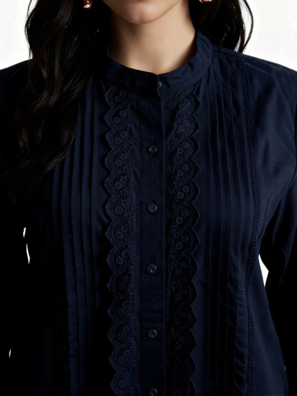 Globus Women Navy Blue Mandarin Collar Cuffed Sleeves Solid Lace Insert Pleated Detail Shirt