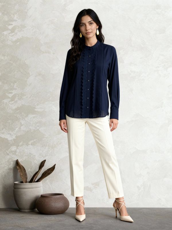 Globus Women Navy Blue Mandarin Collar Cuffed Sleeves Solid Lace Insert Pleated Detail Shirt