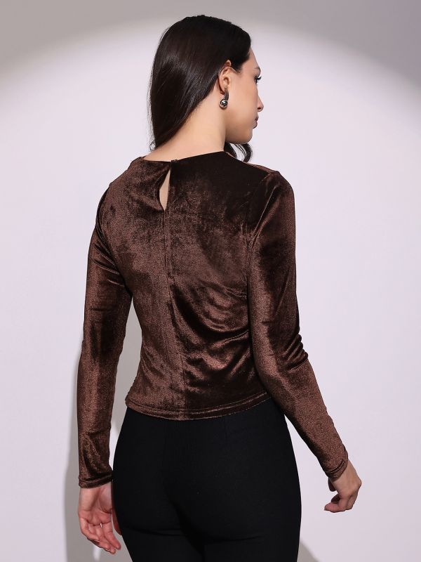 Globus Women Brown Round Neck Long Sleeves Cut-Out Detail Gathered & Pleated Velvet Party Top