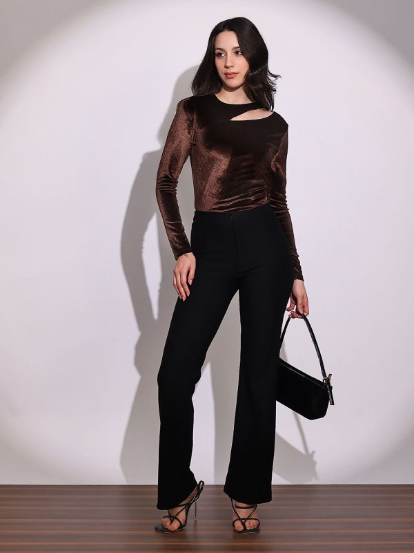 Globus Women Brown Round Neck Long Sleeves Cut-Out Detail Gathered & Pleated Velvet Party Top