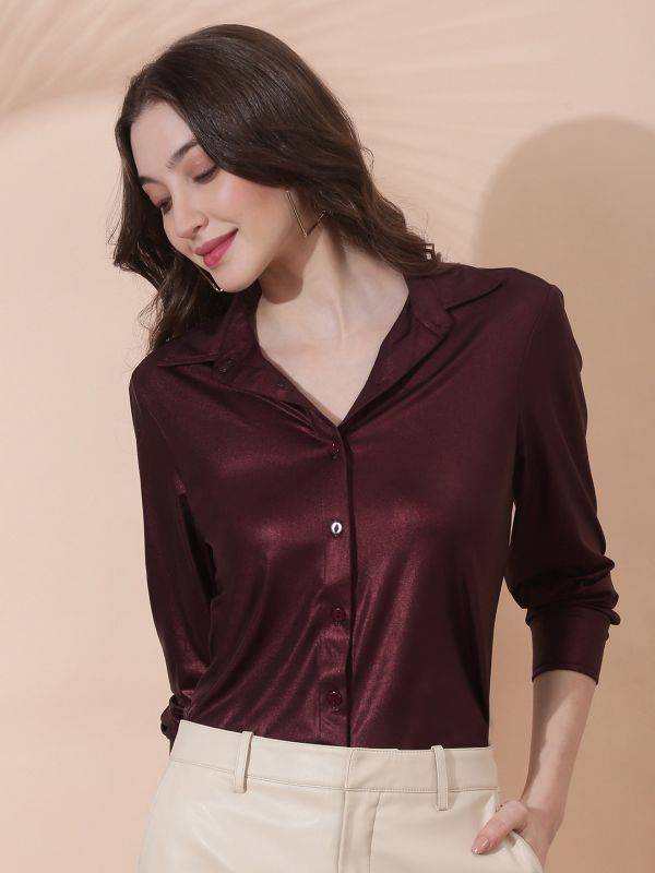 Globus Women Brown Collared Neck Cuffed Sleeves Bling & Sparkly Party Shirt