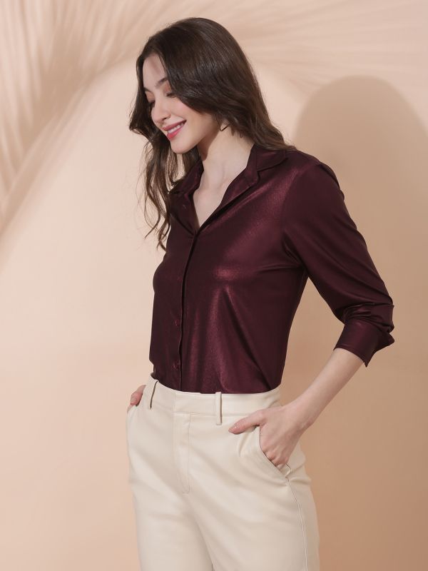 Globus Women Brown Collared Neck Cuffed Sleeves Bling & Sparkly Party Shirt
