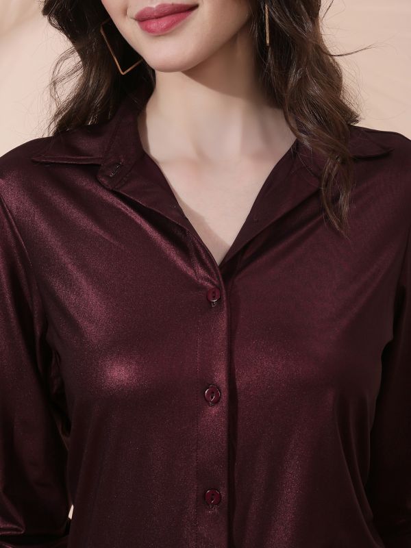 Globus Women Brown Collared Neck Cuffed Sleeves Bling & Sparkly Party Shirt