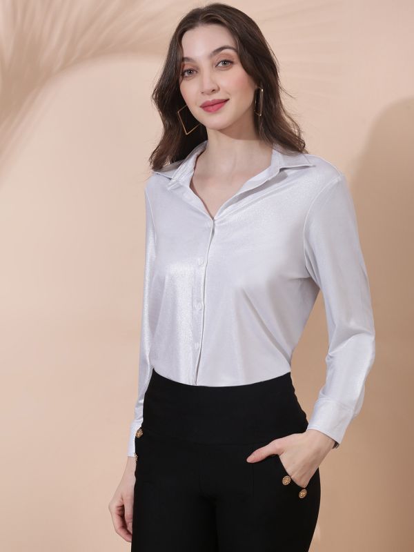 Globus Women Silver Collared Neck Cuffed Sleeves Bling & Sparkly Party Shirt 