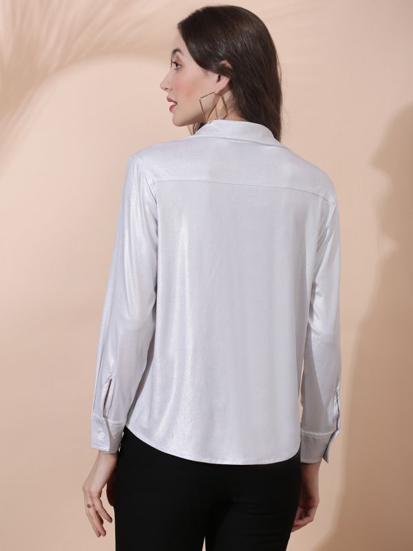 Globus Women Silver Collared Neck Cuffed Sleeves Bling & Sparkly Party Shirt 