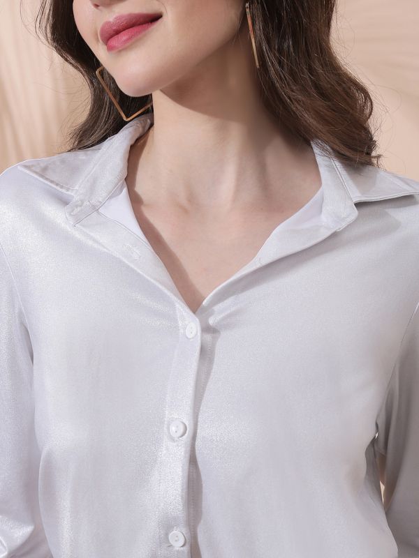Globus Women Silver Collared Neck Cuffed Sleeves Bling & Sparkly Party Shirt 