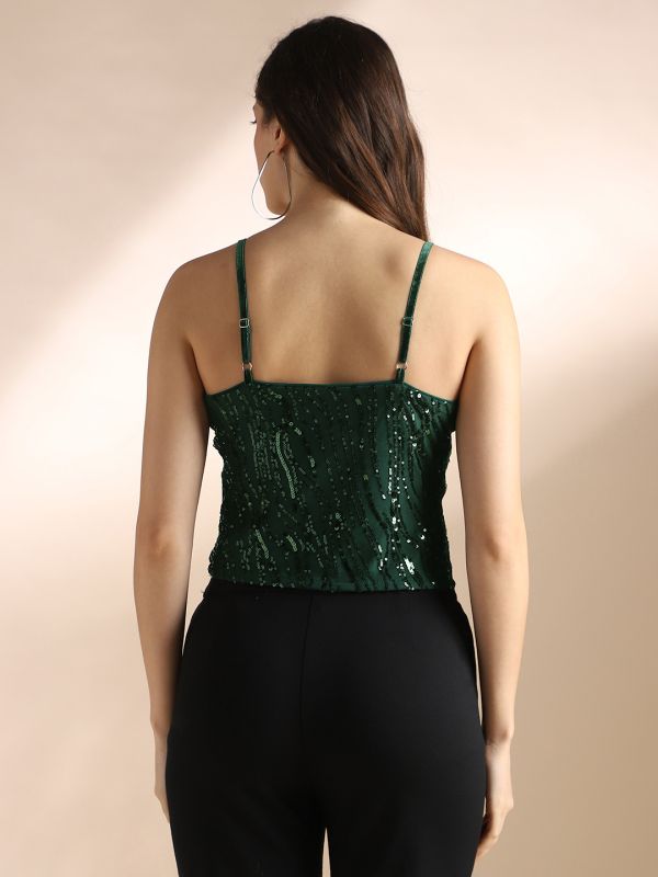 Globus Women Green Sweetheart Neck Shoulder Straps Twisted Detail Sequinned Crop Party Top