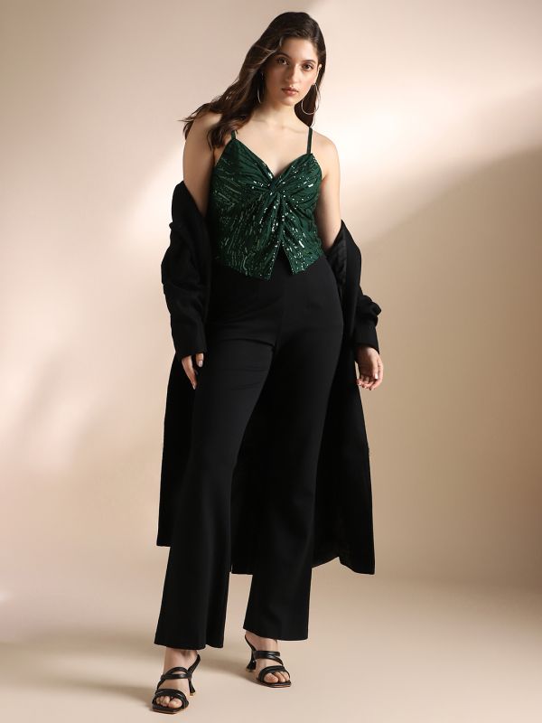 Globus Women Green Sweetheart Neck Shoulder Straps Twisted Detail Sequinned Crop Party Top