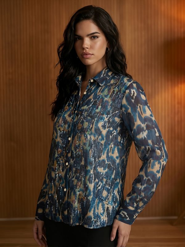 Globus Women Blue Spread Collar Abstract Print Sequinned Detail Cuffed Sleeves Oversized Georgette Party Shirt