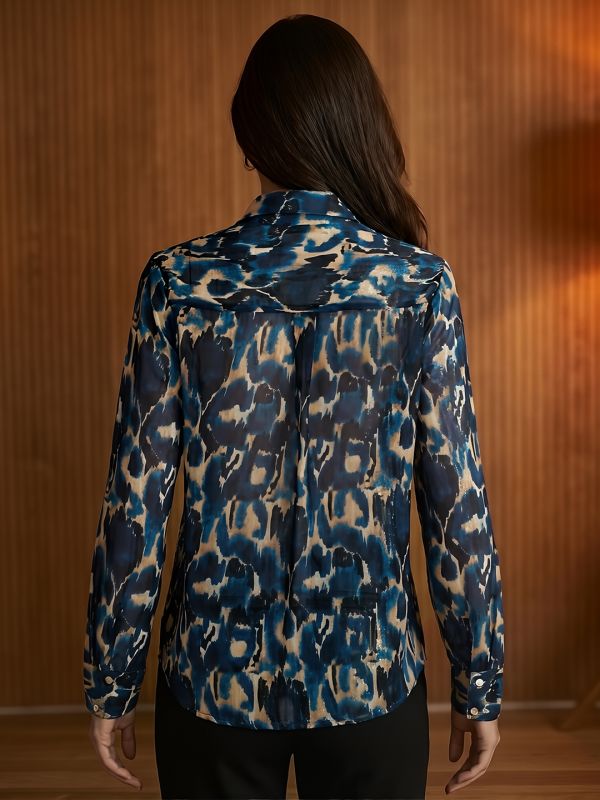 Globus Women Blue Spread Collar Abstract Print Sequinned Detail Cuffed Sleeves Oversized Georgette Party Shirt