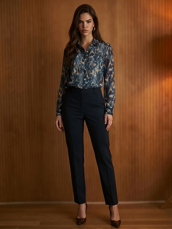 Globus Women Blue Spread Collar Abstract Print Sequinned Detail Cuffed Sleeves Oversized Georgette Party Shirt