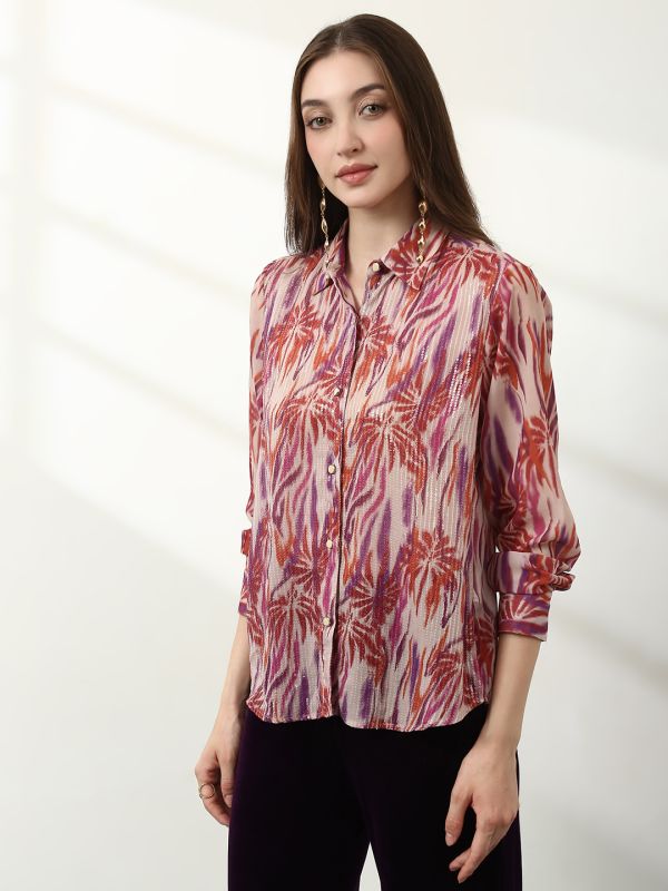 Globus Women Multicolour Spread Collar Abstract Print Sequinned Detail Cuffed Sleeves Oversized Georgette Party Shirt 