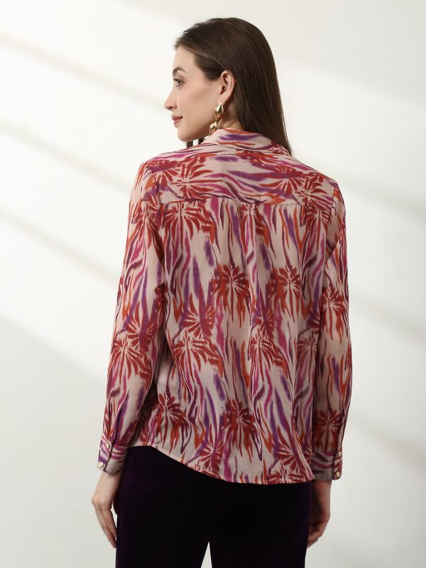 Globus Women Multicolour Spread Collar Abstract Print Sequinned Detail Cuffed Sleeves Oversized Georgette Party Shirt 