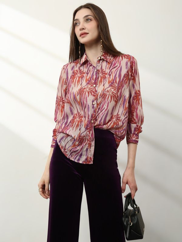 Globus Women Multicolour Spread Collar Abstract Print Sequinned Detail Cuffed Sleeves Oversized Georgette Party Shirt 