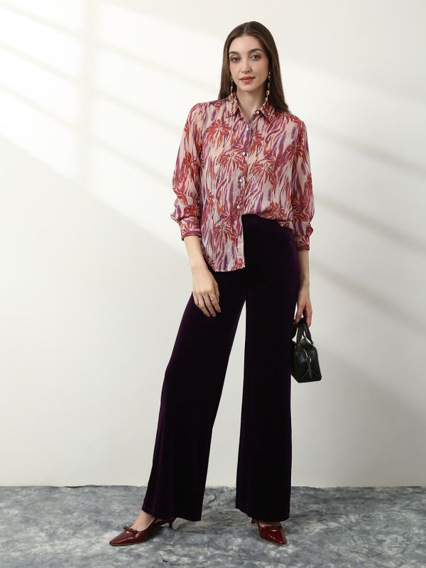 Globus Women Multicolour Spread Collar Abstract Print Sequinned Detail Cuffed Sleeves Oversized Georgette Party Shirt 